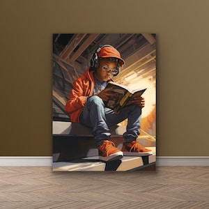 Literary Adventures | African American Art | Black Boy Joy Art | Book Themed Wall Art | Reading Nook Art | Canvas Print | Photo Print