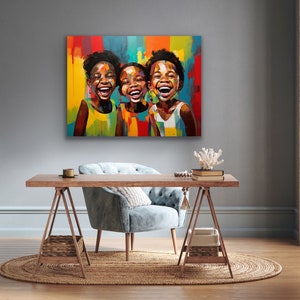May include: A colorful painting of three children laughing. The children are depicted in a vibrant style with bright colors and bold lines. The painting is set against a background of abstract shapes and colors.
