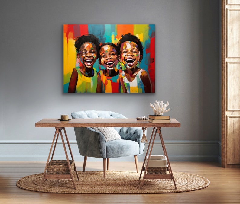 May include: A colorful painting of three children laughing. The children are depicted in a vibrant style with bright colors and bold lines. The painting is set against a background of abstract shapes and colors.
