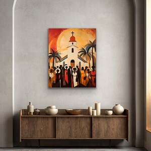 May include: A painting depicting a white church with a red roof and a cross on top. The church is surrounded by palm trees and a group of people in colorful clothing. The background is a sunset with a bright orange sun.