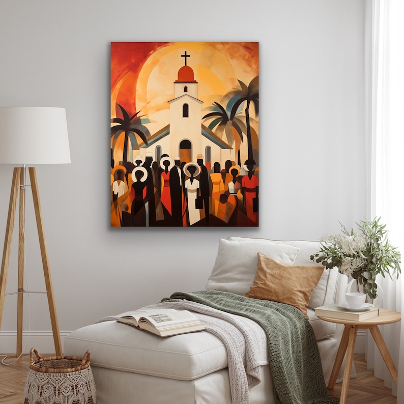 May include: A painting of a white church with a red roof and a cross on top. The church is surrounded by palm trees and people in colorful clothing. The background is a sunset with a bright orange sun.