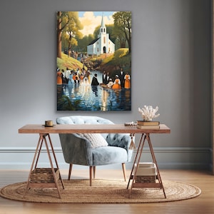 May include: A painting depicting a baptism ceremony in a river. A white church is visible in the background. The painting is framed and hanging on a gray wall.