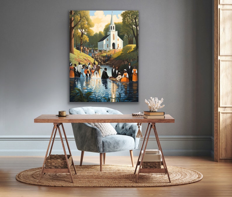 May include: A painting depicting a baptism ceremony in a river. A white church is visible in the background. The painting is framed and hanging on a gray wall.