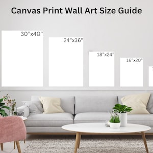 May include: A size guide for canvas prints, showing five different sizes of blank white canvases displayed on a living room wall above a gray couch and coffee table. The sizes are 30"x40", 24"x36", 18"x24", 16"x20", and 11"x14".
