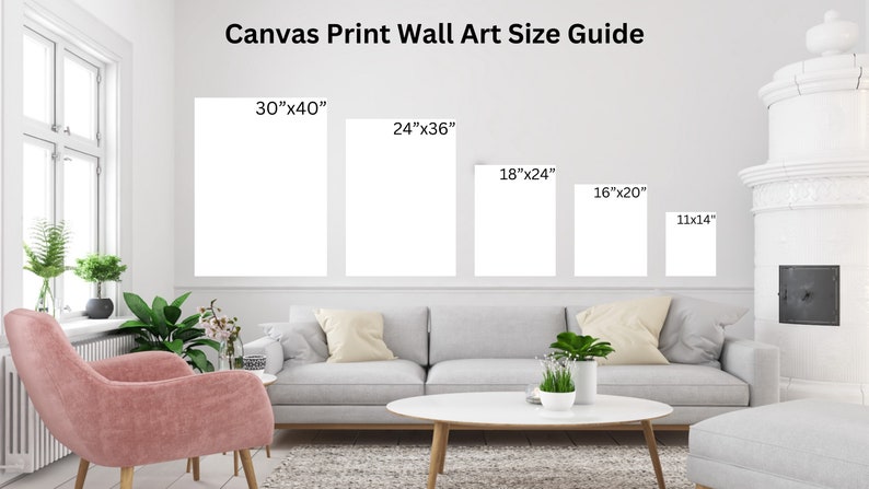 May include: A size guide for canvas prints, showing five different sizes of blank white canvases displayed on a living room wall above a gray couch and coffee table. The sizes are 30"x40", 24"x36", 18"x24", 16"x20", and 11"x14".