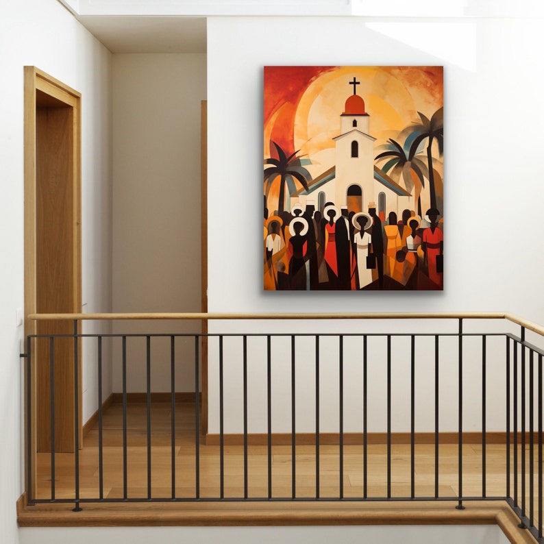 May include: A painting of a white church with a red roof and a cross on top. The church is surrounded by palm trees and people in colorful clothing. The painting is set against a sunset background.