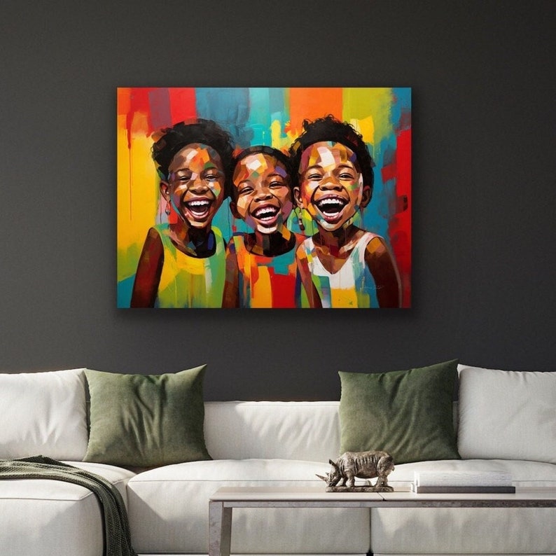 May include: Three young girls with dark skin are smiling brightly. They are wearing colorful clothing and are painted in a vibrant, abstract style. The background is a mix of bright colors.