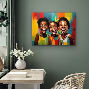 May include: A colorful painting of three smiling children with bright, vibrant colors. The children are all wearing different colored clothing and have dark skin.