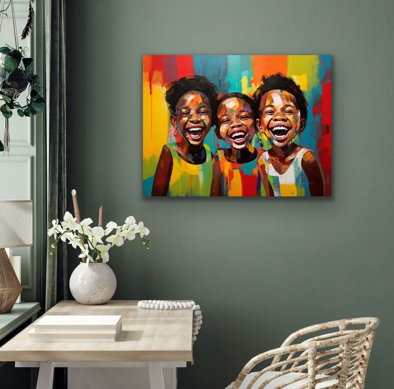 May include: A colorful painting of three smiling children with bright, vibrant colors. The children are all wearing different colored clothing and have dark skin.