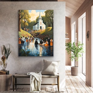 May include: A painting depicting a baptism ceremony in a river. A group of people stand on the bank, while a man in a white robe performs the baptism. A white church is visible in the background.
