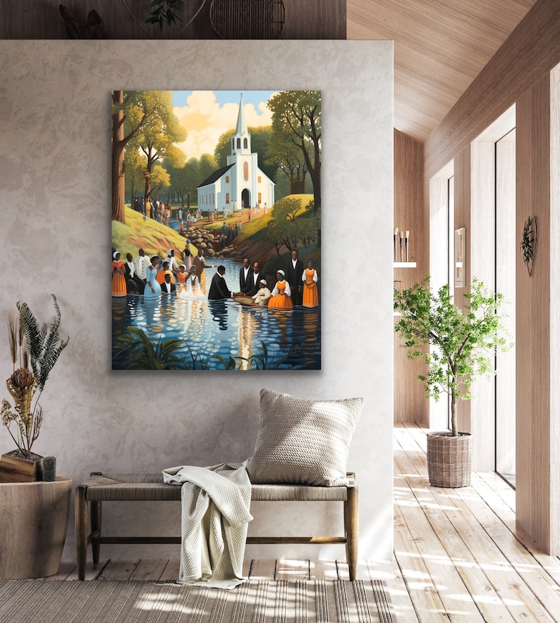 May include: A painting depicting a baptism ceremony in a river. A group of people stand on the bank, while a man in a white robe performs the baptism. A white church is visible in the background.