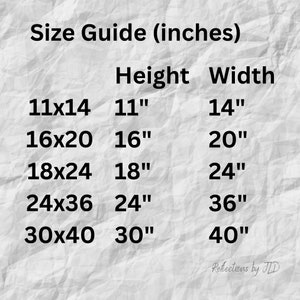 May include: Size guide for prints in inches. The table shows the dimensions of the prints in inches, with the height and width listed separately. The sizes are 11x14, 16x20, 18x24, 24x36, and 30x40.