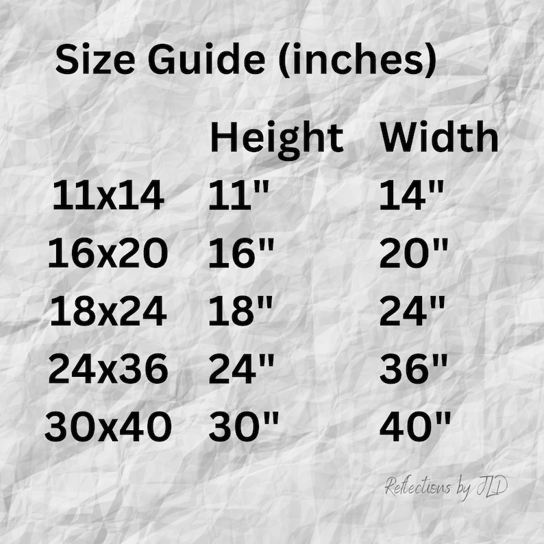 May include: Size guide for prints in inches. The table shows the dimensions of the prints in inches, with the height and width listed separately. The sizes are 11x14, 16x20, 18x24, 24x36, and 30x40.