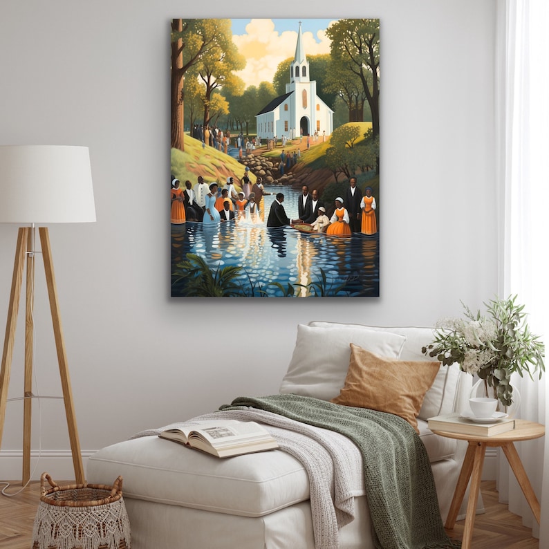 May include: A painting depicting a baptism ceremony in a river. A group of people stand on the bank, while a man is being baptized in the water. A white church is visible in the background.