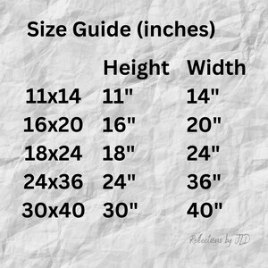 May include: Size guide for prints in inches. The table shows the dimensions of the prints in inches, with the height and width listed separately. The sizes are 11x14, 16x20, 18x24, 24x36, and 30x40.