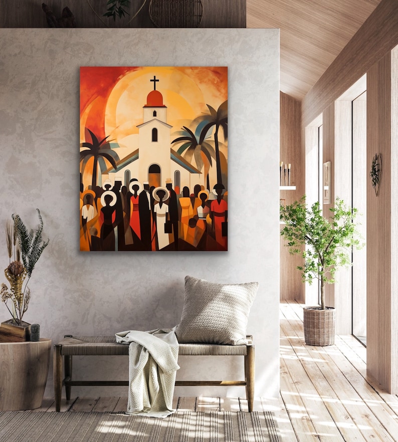 May include: A painting depicting a white church with a cross on top, surrounded by palm trees and a crowd of people in front of it. The sky is a vibrant orange and yellow, creating a warm and inviting atmosphere.