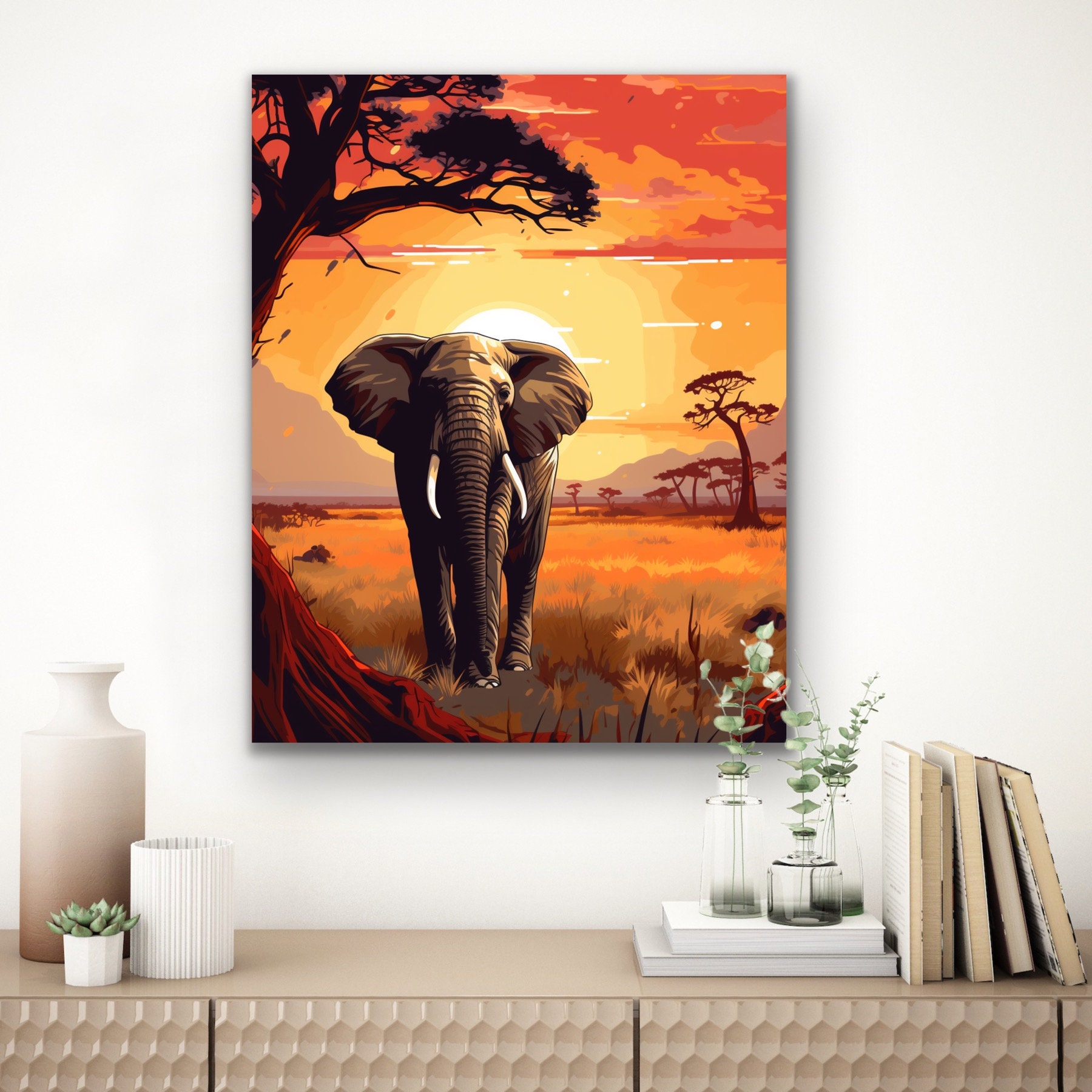 Savanna Elephant Stretched Canvas Print | African Sunset Wall Art - Etsy