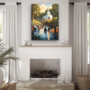 May include: A painting depicting a baptism ceremony in a river. A white church is visible in the background. The painting features a group of people in colorful clothing standing in the water. The sky is blue with white clouds.