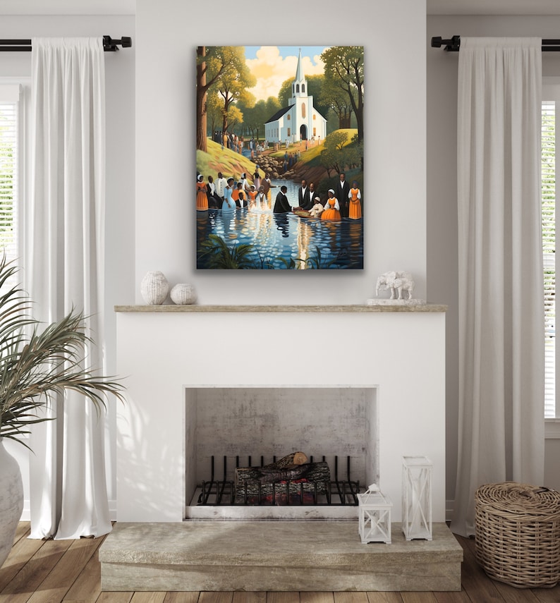 May include: A painting depicting a baptism ceremony in a river. A white church is visible in the background. The painting features a group of people in colorful clothing standing in the water. The sky is blue with white clouds.