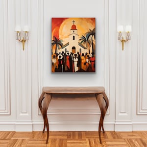 May include: A painting of a white church with a red roof and a cross on top. The church is surrounded by palm trees and a crowd of people in colorful clothing. The sky is orange and yellow.