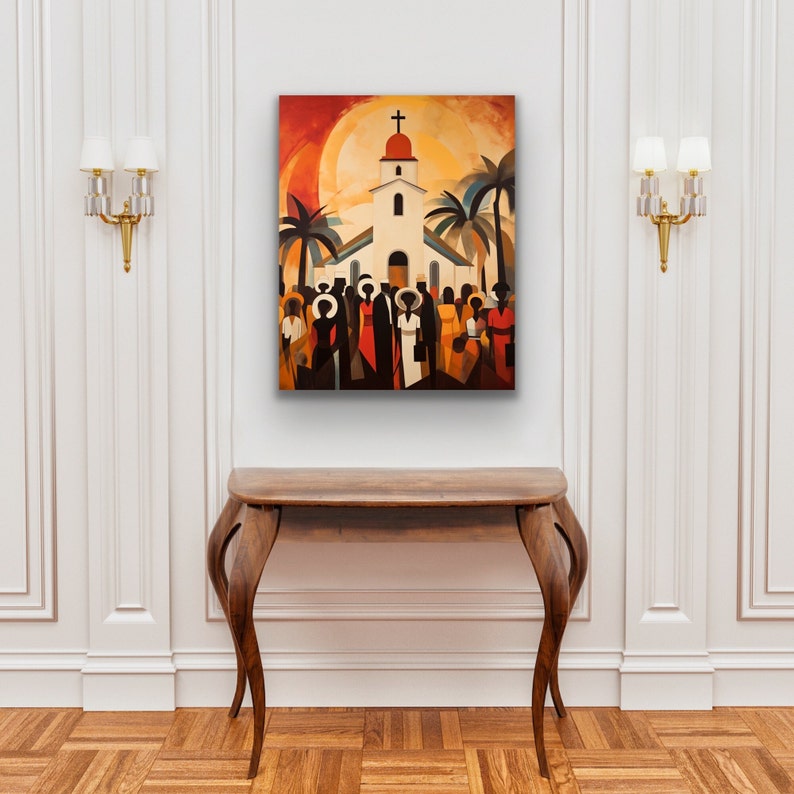 May include: A painting of a white church with a red roof and a cross on top. The church is surrounded by palm trees and a crowd of people in colorful clothing. The sky is orange and yellow.