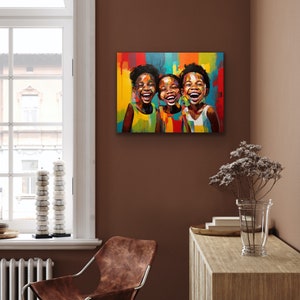 May include: Three children with dark skin are smiling and laughing. They are wearing colorful clothing and are painted in a vibrant style. The background is a colorful abstract design.