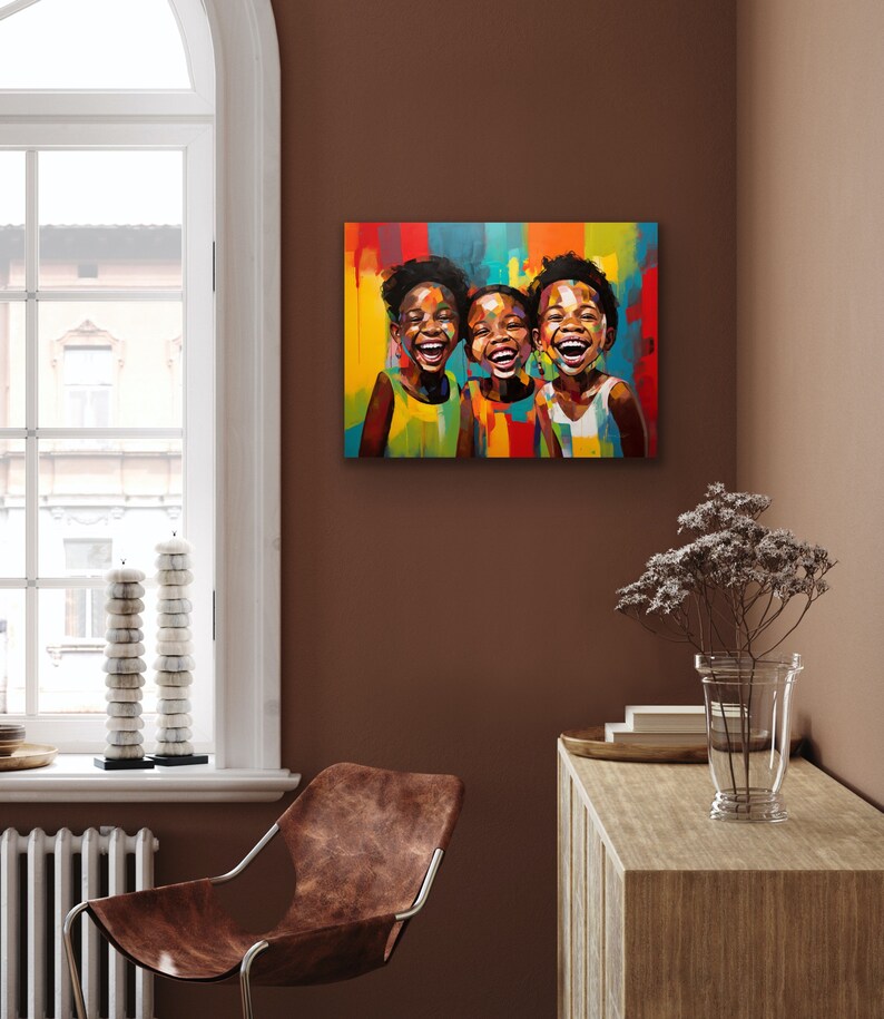 May include: Three children with dark skin are smiling and laughing. They are wearing colorful clothing and are painted in a vibrant style. The background is a colorful abstract design.