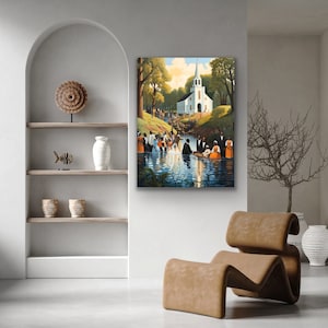 May include: A painting depicting a baptism ceremony in a rural setting. A white church with a steeple stands in the background, while a group of people gather around a body of water. The sky is blue with white clouds, and the trees are green.