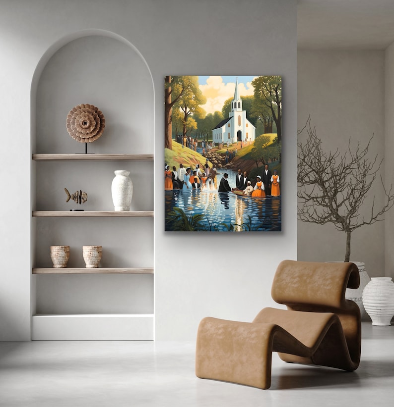 May include: A painting depicting a baptism ceremony in a rural setting. A white church with a steeple stands in the background, while a group of people gather around a body of water. The sky is blue with white clouds, and the trees are green.