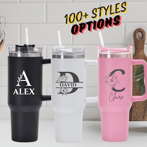 Vaso con asa de 40 oz con logotipo personalizado y nombre, tapa de vaso con nombre de letra inicial personalizada, pajita de acero grabada con láser, tazas de regalo de Navidad a granel