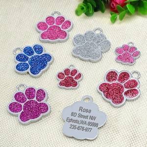 Médaille d'identification personnalisée pour animal de compagnie | Médaille avec numéro en acier inoxydable avec patte scintillante pour chiens, chats, breloque en métal anti-perte | Cadeau élégant pour animal de compagnie