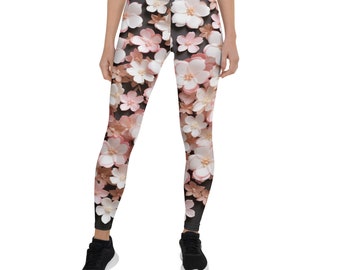 White Pink Floral Print Women's Leggings | Yoga, Workout & Fitness Leggings | Leggings for Her | Flower Pattern Leggings | Gym Yoga Running
