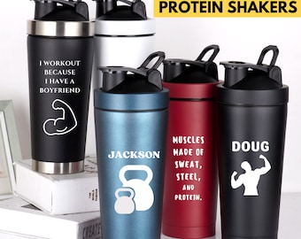 Custom Gym Gift, Personalized Name Steel Protein Shaker Mixer Gym Water Bottle, Workout gift for Her Him Wife Girl Sister Bro Birthday Gifts