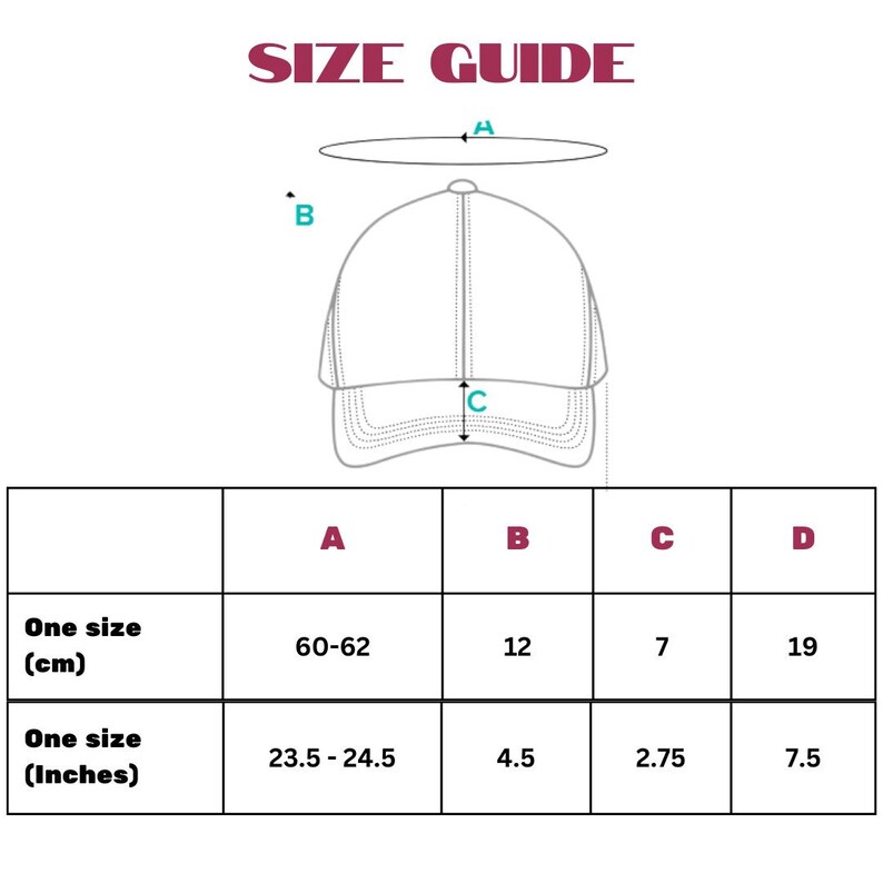 May include: Size guide for a baseball cap with measurements in inches and centimeters. The measurements include the circumference of the head, the brim width, the crown height, and the overall cap length.