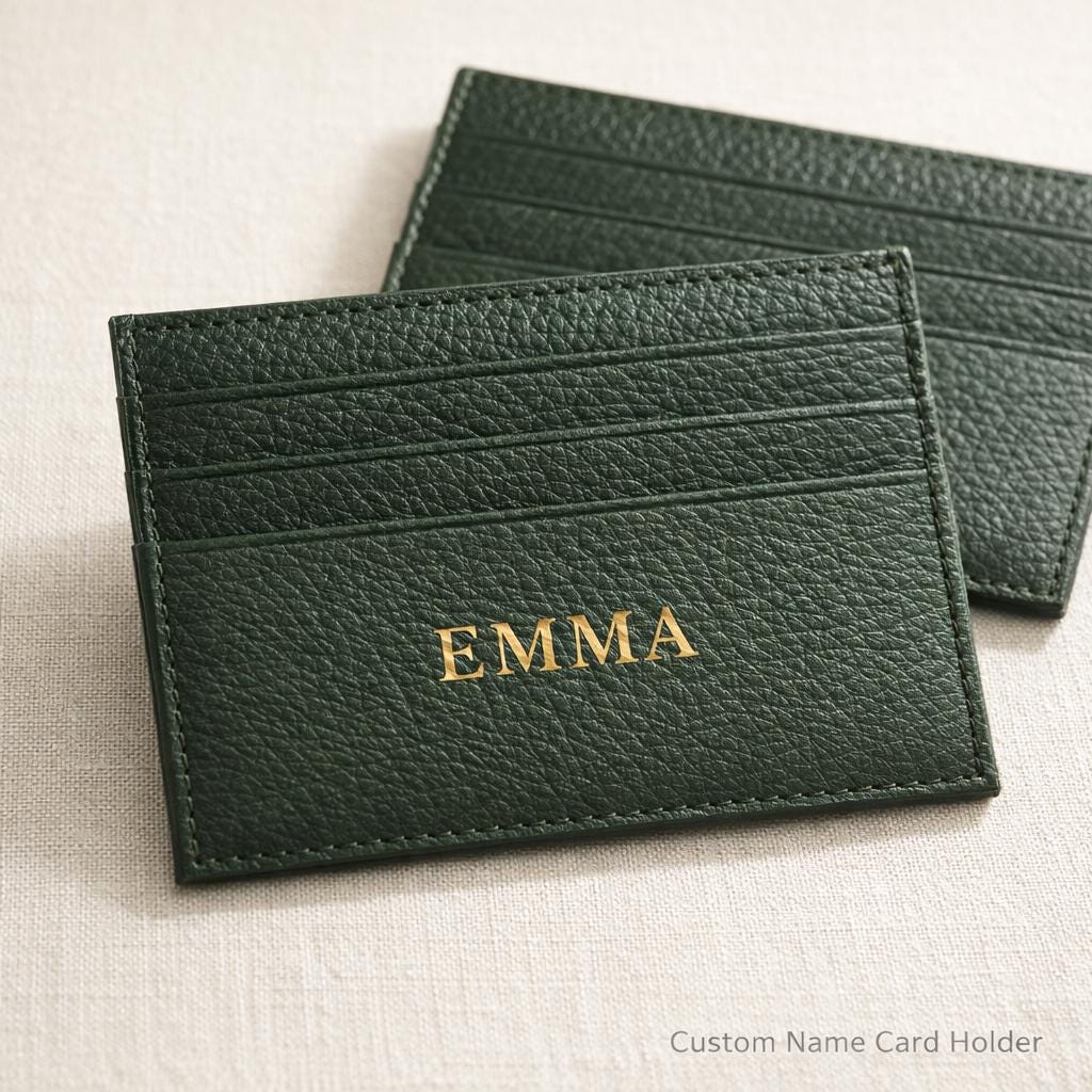 Personalized Leather Card Holder - Custom Name Initial Slim Wallet - Engraved Credit Card Holder - Gift for Her, Gift for Him, Fathers Day