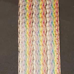 Può includere: Primo piano di un cavo multicolore con un motivo arcobaleno. Il cavo è composto da molti fili singoli che sono intrecciati insieme.