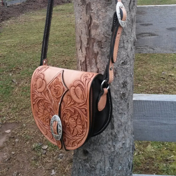 Western style purse leather saddle bag purse tooled leather handmade handbag.