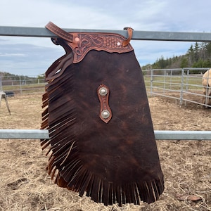 May include: Dark brown leather chaps with fringe along the bottom edge. The chaps have a decorative tooled leather yoke and a silver-toned concho. The chaps are hanging on a metal fence in an outdoor setting.