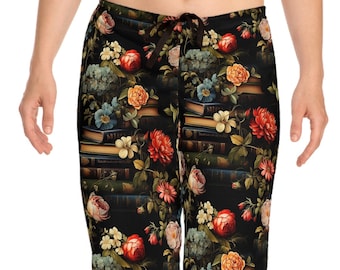 Book Lover Pajama Pants, Pretty Roses & Book Collage, Dark Academia, Library Lounge Pants, Comfy Weekend Wear For Reading, Sizes XS-2XL