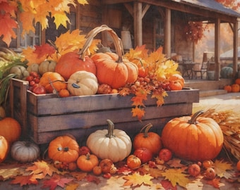 May include: A wooden crate overflowing with a variety of pumpkins, gourds, and fall foliage. The crate is sitting on a porch with a rustic wooden house in the background.