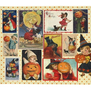 Niedliche Halloween Decke, Vintage Herbst Ephemera Collage auf Polka Dot Hintergrund, weiche Minky Plüsch-Material, niedliche Hexen, Kürbisse, lustiges Geschenk