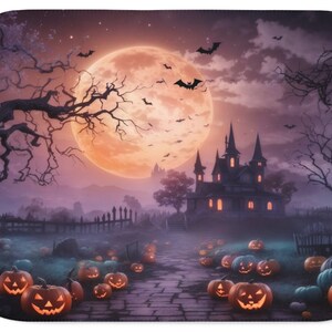 Pode incluir: Uma cena assustadora de Halloween com uma casa assombrada, uma lua cheia e abóboras esculpidas. A casa está iluminada com luzes quentes e acolhedoras, e a lua é de um laranja brilhante. As abóboras esculpidas estão espalhadas por toda a cena, e algumas brilham com luz.