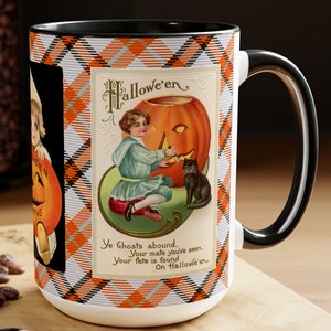Halloween Mug with Cute Vintage Witch on 15oz Mug, Retro Graphics, Halloween Desk Decor, Trick-or-Treat Cup, Hot Cocoa, Coffee, Tea Mug Gift image 1