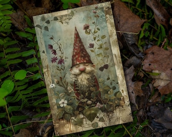 Garden Gnome Notebook Journal, Mushroom Botanical Print, Lined Perforated Pages, Hardbound Wrapped Cover, Cottagecore, Cute Gift Idea