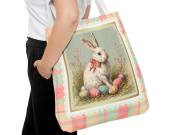Torba typu Tote z Króliczkiem Wielkanocnym, Biały Królik z Różową Kokardą i Pastelowymi Jajkami Oprawionymi w Koronkę, Kraciaste Tło, Eleganckie Dzieło Sztuki, 3 Opcje Rozmiaru, Prezent Wielkanocny