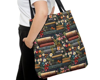 Book Lover Tote Bag with Wild Flowers Graphic, Print of Embroidered Flowers on Books, 3 Sizes, Homework Book Bag, Multi-Use Shopping Tote