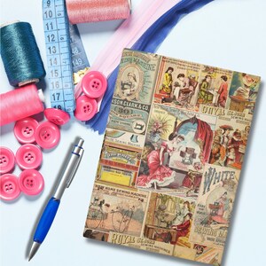 May include: A vintage-style scrapbook paper featuring a collage of colorful images and text. The paper features images of sewing machines, women sewing, and text that reads "New Home Sewing Machine", "Royal St. John Sewing Machines", and "White Sewing Machine".