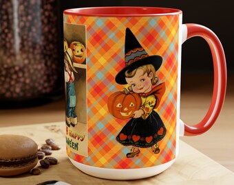 Cute Vintage Halloween Mug, 15oz Ceramic Cup,Little Girl Witch w/ Boy and Little Dog, Jack-o-Lanterns, 3 Color Choices, Fall Desk Decor Gift