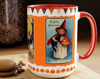 Cute Red Witches Mug, Vintage Graphics, Halloween Desk Décor, 15oz Coffee/Tea/Hot Cocoa Mug, Pennants, Pumpkins, Fall Lover Gift