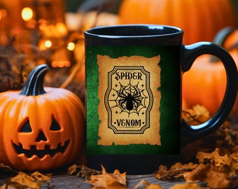 Spider Venom Coffee Mug, 15oz Black Ceramic Cup W/Grunge Green Background, Spooky Halloween Coffee Tea Drinker Gift, Gothic Apothecary Label